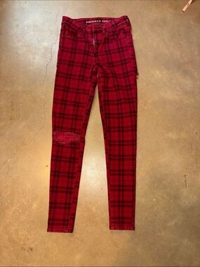 American Eagle Red Plaid Skinny Jeans with cheeky backside distressed